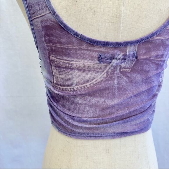 Urban Outfitters Ruched Lace-Up Mesh Tank Top Denim Jeans Print Size Medium - Picture 12 of 16